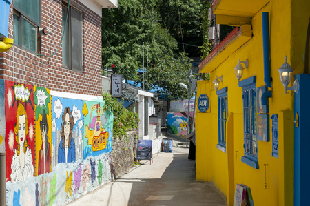 Jeonju, South Korea - September 2018: Colourful paintings and decorations on walls and buildings at Jaman Mural Village, popular tourist attraction, located near Jeonju Hanok Village in Jeonju, South Koreaのeditorial素材