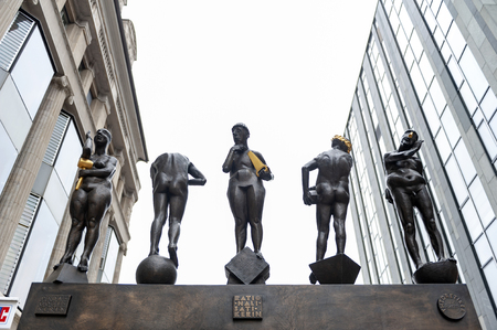 Leipzig, Germany - October 2018: Bronze sculptures titled Untimely Contemporaries by Bernd Goebel installed on Grimmaische Street near Augustusplatz in downtown Leipzig, Germanyのeditorial素材