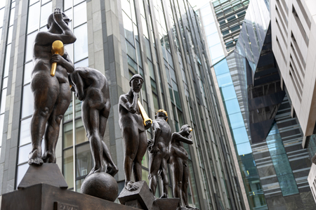 Leipzig, Germany - October 2018: Bronze sculptures titled Untimely Contemporaries by Bernd Goebel installed on Grimmaische Street near Augustusplatz in downtown Leipzig, Germanyのeditorial素材
