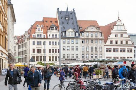 Leipzig, Germany - October 2018: Crowd at Marktplatz, the market square in city centre of Leipzig in...