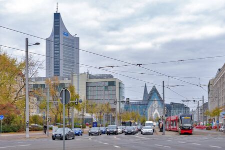 Leipzig, Germany - October 2018: Modern low-floor tram of Leipzig tramway network, public transport system in Leipzig, Germanyのeditorial素材