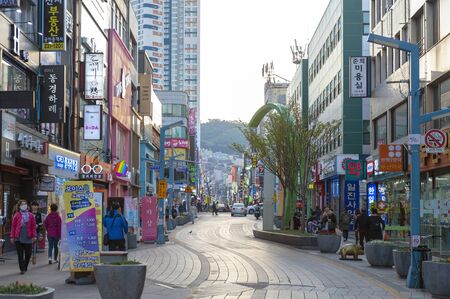 Busan, South Korea - April 2019: Nampodong shopping street near Busan International Film Festival...