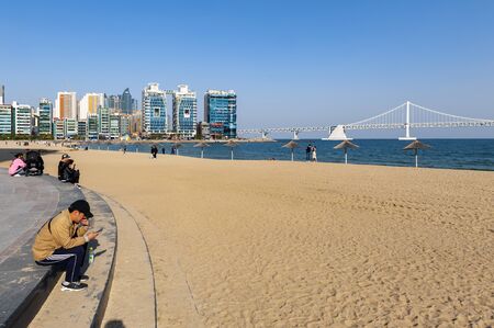 Busan, South Korea - April 2019: Gwangalli Beach and Gwangan Bridge, popular tourist destination in Busan, South Koreaのeditorial素材