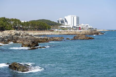 Seaside of north-eastern Busan seen from Haedong Yonggungsa Temple, one of tourist landmarks and attractions in Busan, South Koreaの写真素材