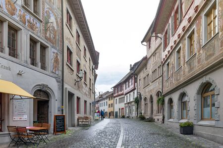 Stein Am Rhein, Switzerland - October 2019: Historic medieval building with unique decorative fresco...