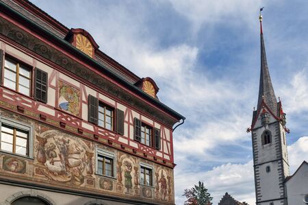 Stein Am Rhein, Switzerland - October 2019: Historic medieval building with unique decorative fresco paintings at Rathausplatz, a town square in old small city of Stein Am Rhein, Switzerland.のeditorial素材