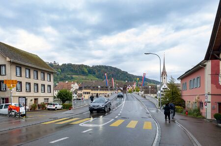 Stein Am Rhein, Switzerland - October 2019: Rhine River Bridge connecting two parts of old town Stein Am Rhein in Schaffhausen, Switzerlandのeditorial素材