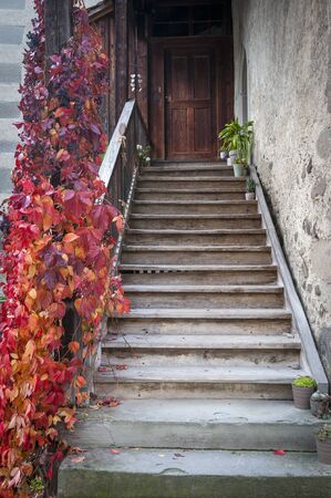 Stein Am Rhein, Switzerland - October 2019: A stairways led to to an old building inside St. George's Abbey, a Benedictine monastery and museum in Stein am Rhein, Switzerlandのeditorial素材
