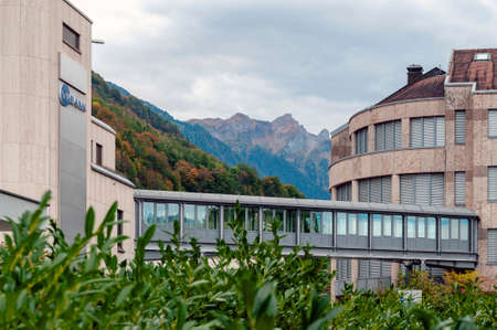 Vaduz, Liechtenstein - October 2019: A skywalk between the VP Bank headquarters building and another office building in downtown Vaduz, the capital city of Liechtensteinのeditorial素材