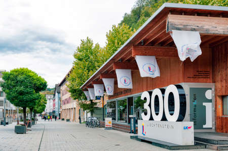 Vaduz, Liechtenstein - October 2019: The lightbox showing number 300 installed in front of the Liechtenstein Center Tourist Office in Vaduz to promote a celebration of 300 Years Principality of Liechtenstein anniversaryのeditorial素材