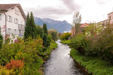 A beautiful natural creek in suburban area of Vaduz, the capital city of Liechtenstein in Central...