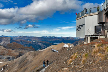 Lauterbrunnen, Switzerland - October 2019: Piz Gloria, the viewpoint, restaurant, and cable car terminal station located on the summit of Schilthorn mountain overlooking the Swiss Alps in Switzerlandのeditorial素材