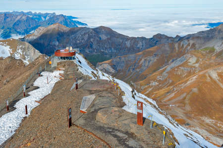 Lauterbrunnen, Switzerland - October 2019: Outdoor exhibition of the 007 Walk of Fame at Piz Gloria located on the summit of Schilthorn mountain, the Bond movie location in Switzerlandのeditorial素材