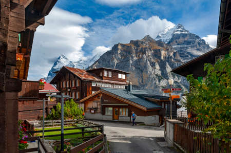 Lauterbrunnen, Switzerland - October 2019: Murren, a mountain village situated in the Bernese Highlands providing scenic views of the famous summits, the Eiger, Monch, and Jungfrau, in Switzerlandのeditorial素材