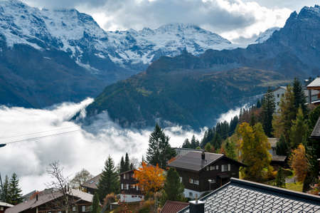 Lauterbrunnen, Switzerland - October 2019: Murren, a mountain village situated in the Bernese Highlands providing scenic views of the famous summits, the Eiger, Monch, and Jungfrau, in Switzerlandのeditorial素材