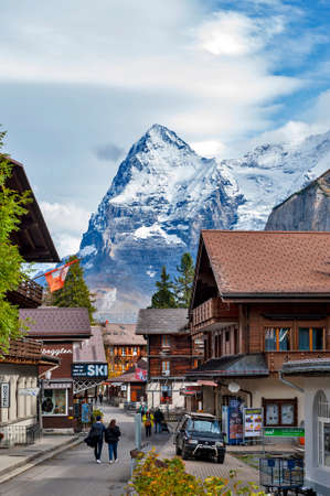 Lauterbrunnen, Switzerland - October 2019: Murren, a mountain village situated in the Bernese Highlands providing scenic views of the famous summits, the Eiger, Monch, and Jungfrau, in Switzerlandのeditorial素材