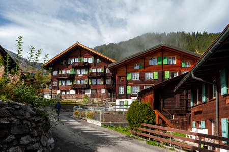 Lauterbrunnen, Switzerland - October 2019: Murren, a mountain village situated in the Bernese Highlands providing scenic views of the famous summits, the Eiger, Monch, and Jungfrau, in Switzerlandのeditorial素材