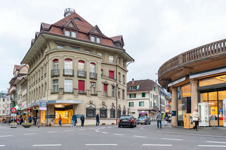 Interlaken, Switzerland - October 2019: Old European buildings located in downtown Interlaken, a...