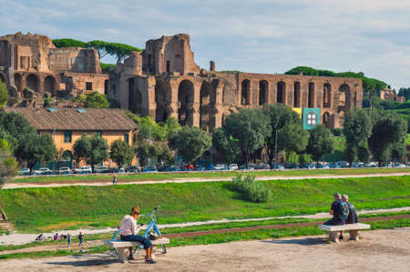 Rome, Italy - October 2019: View of the Palatine Hill, centre of Roman Empire in Ancient Rome from across the Circus Maximus (Circo Massimo), a large Roman stadium in Rome, Italyのeditorial素材