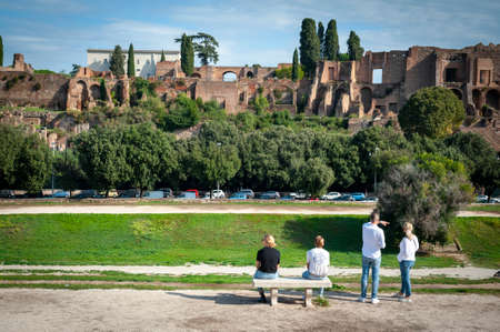 Rome, Italy - October 2019: View of the Palatine Hill, centre of Roman Empire in Ancient Rome from across the Circus Maximus (Circo Massimo), a large Roman stadium in Rome, Italyのeditorial素材