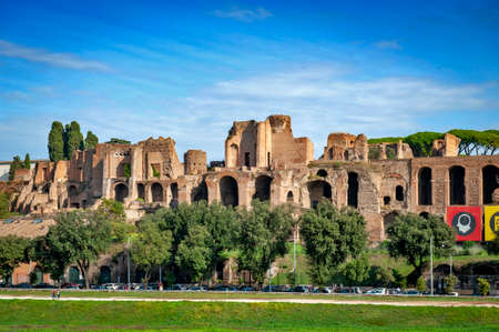 Rome, Italy - October 2019: View of the Palatine Hill, centre of Roman Empire in Ancient Rome from across the Circus Maximus (Circo Massimo), a large Roman stadium in Rome, Italyのeditorial素材