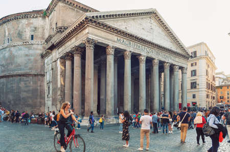 Rome, Italy - October 2019: A large crowd of tourist visiting the Pantheon, ancient Roman temple and Catholic church at Piazza della Rotonda in Rome, Italyのeditorial素材