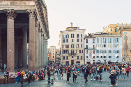 Rome, Italy - October 2019: A large crowd of tourist visiting the Pantheon, ancient Roman temple and Catholic church at Piazza della Rotonda in Rome, Italyのeditorial素材