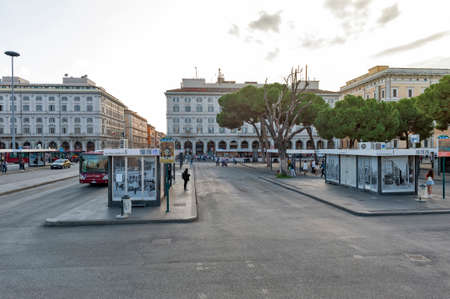 Rome, Italy - October 2019: Bus stops at Piazza dei Cinquecento in front of Roma Termini, the main railway station and main hub for public transport inside Rome in Italyのeditorial素材