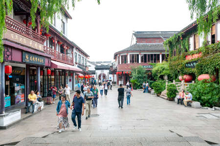 Shanghai, China - September 2019: Buildings and shophouses built in traditional Chinese architecture style located in Qibao Ancient Town, a historic water township of Qibao in the Minhang District of Shanghai, Chinaのeditorial素材