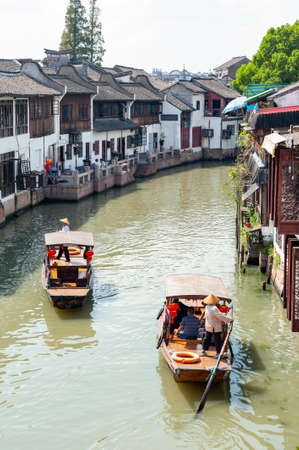 Shanghai, China - September 2019: View of Zhujiajiao Ancient Water Town, a historic village and famous tourist destination in the Qingpu District of Shanghai, Chinaのeditorial素材