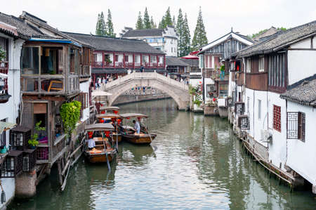 Shanghai, China - September 2019: View of Zhujiajiao Ancient Water Town, a historic village and famous tourist destination in the Qingpu District of Shanghai, Chinaのeditorial素材