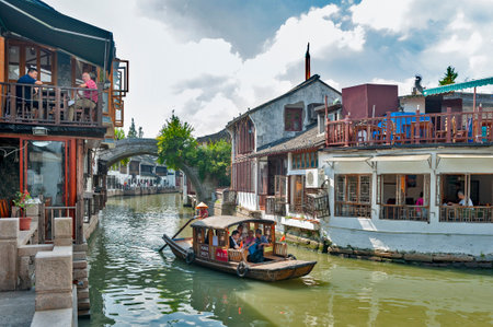 Shanghai, China - September 2019: View of Zhujiajiao Ancient Water Town, a historic village and famous tourist destination in the Qingpu District of Shanghai, Chinaのeditorial素材