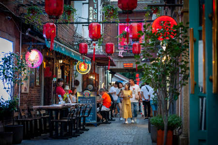 Shanghai, China - September 2019: Tianzifang, a popular tourist destination home to boutique shops,...