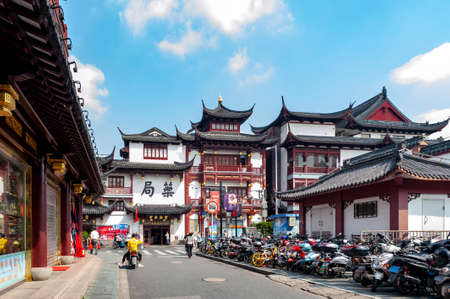 Shanghai, China - September 2019: Old buildings in Chinese architecture style converted to modern...