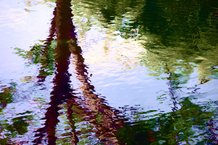 The tranquil scene of the pond is artfully captured by the shimmering water as it mirrors both the sky and the trees' shade. Abstract background from reflections on the water surface.の写真素材