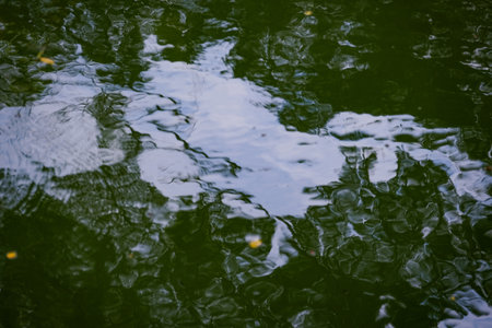 The tranquil scene of the pond is artfully captured by the shimmering water as it mirrors both the sky and the trees' shade. Abstract background from reflections on the water surface.の写真素材