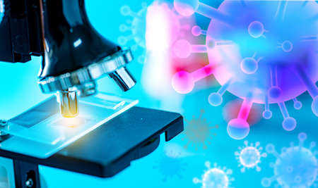 Doctor use microscope in a medical research lab or science laboratory, study for making vaccine to...