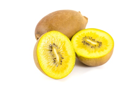 Yellow kiwi fruit on a white backgroundの写真素材