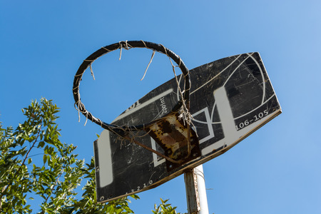 Old Basketball hoop and blue sky background