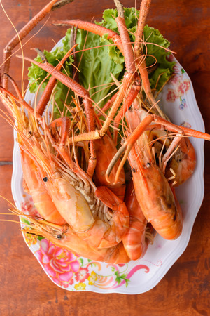 Thai local food grilled shrimp on a plateの写真素材