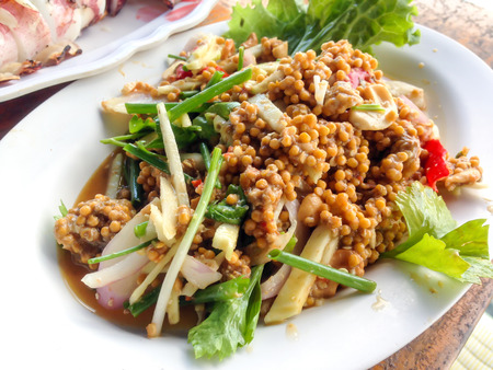 horseshoe crab egg salad on a plate Thai local foodの写真素材