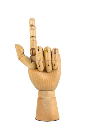 wooden hand wagging finger isolated on white backgroundの写真素材