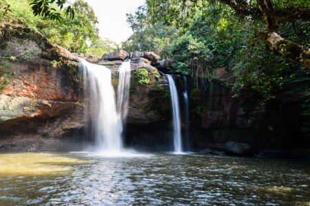 Haew Suwat Waterfall in the morning at Khao Yai National park, Nakhon Ratchasima province, Thailand.の写真素材