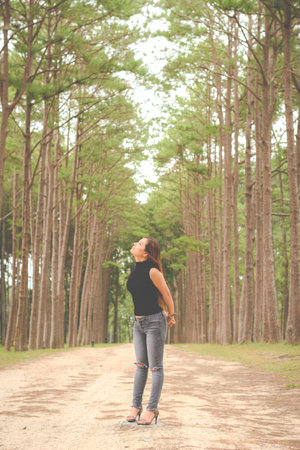 Portrait asian woman walking and relaxing in the pine forestの写真素材