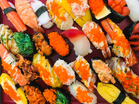 Sushi set Japanese food close-up, Top viewの写真素材