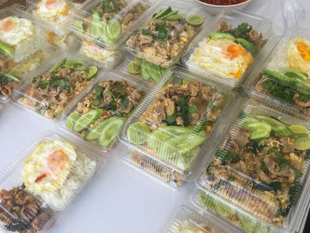 Fresh Thai street food lunch box for takeaway.の写真素材