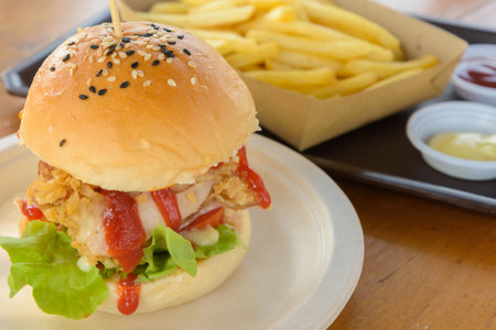 Crispy chicken burger with tomato sauce and french fries.の写真素材