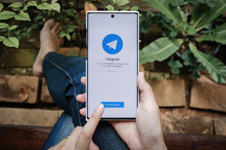 Chiangmai, Thailand July 09 2021 : Telegram application icon smartphone mobile close-up. Telegram...