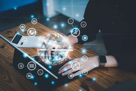 world of data analytics and digital technology, women are using tablet computers to analyze data...
