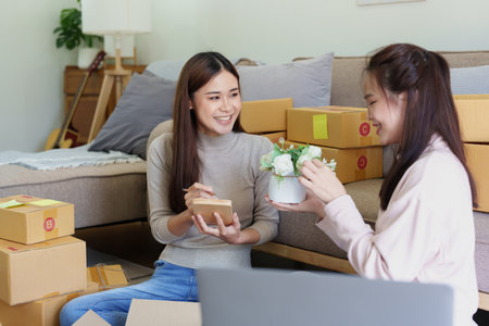 Portrait of Starting small businesses, two Asian woman check online orders Selling products working with boxs freelance work at home office, sme business conceptsの写真素材